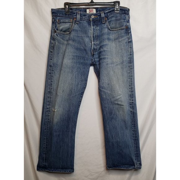 Vintage 90s Levis 501 Dark Blue Button Fly Straight Leg Rip In Knee Tag Size 34 - Picture 1 of 11